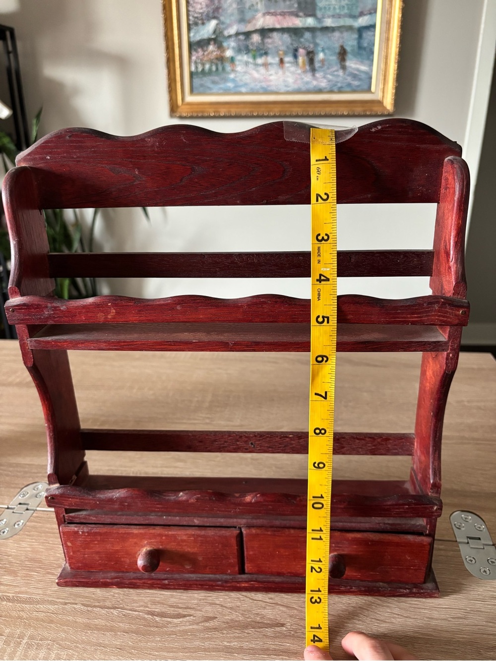 Vintage Handmade Red Solid Wood Spice Rack Shelf with Drawers - Picture 7 of 7